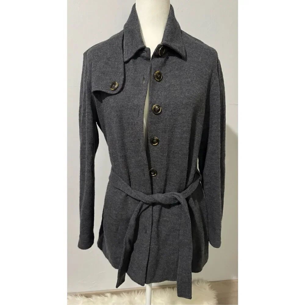 J.McLaughlin 100% merino wool gray long sweater tie for waist button front XL
